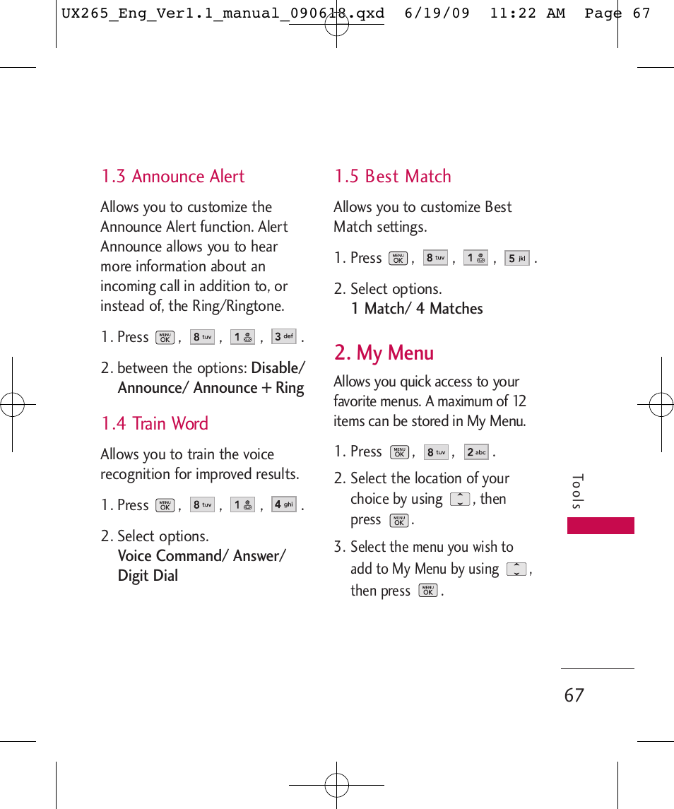 My menu, 3 announce alert, 4 train word | 5 best match | LG LGUX265 User Manual | Page 67 / 124