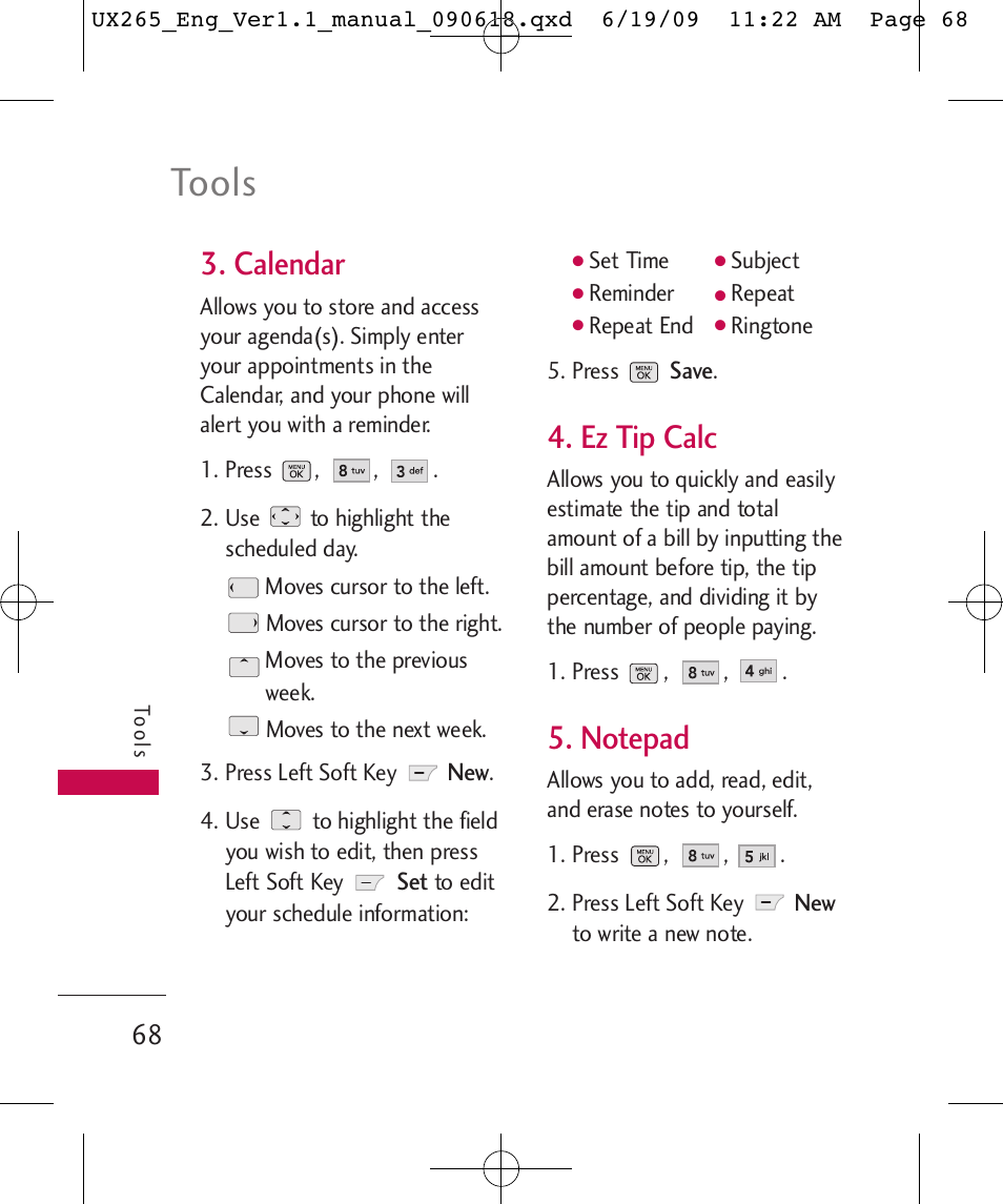 Tools, Calendar, Ez tip calc | LG LGUX265 User Manual | Page 68 / 124