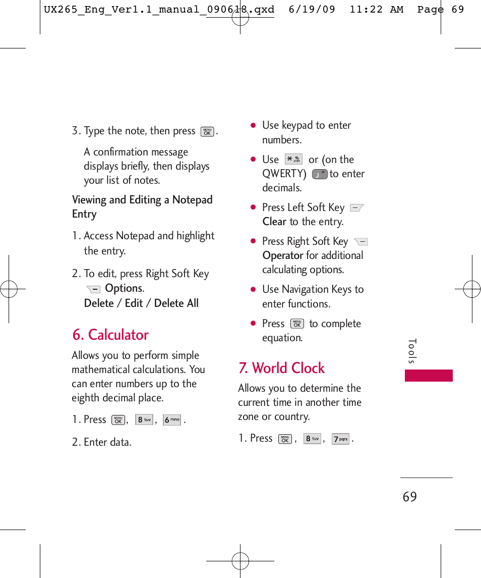 Calculator, World clock | LG LGUX265 User Manual | Page 69 / 124