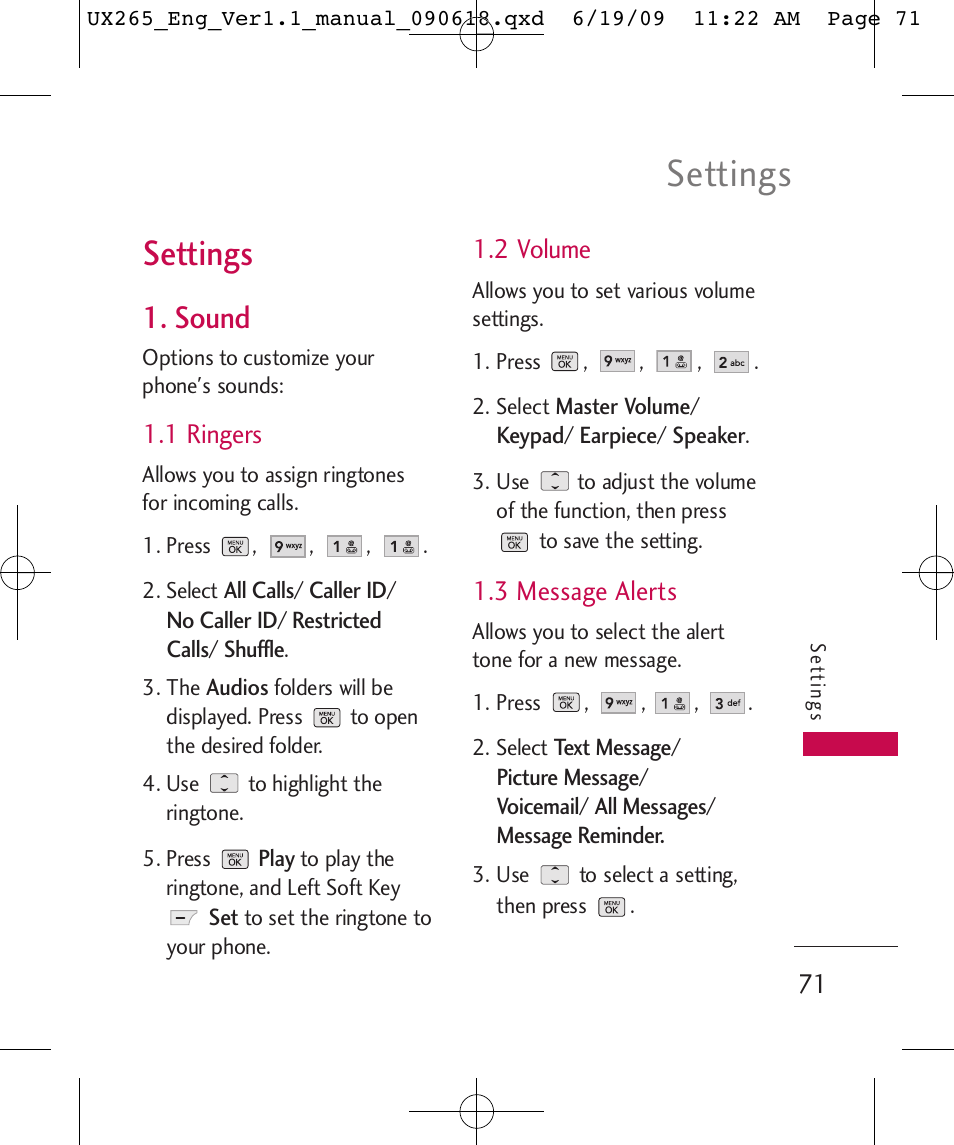 Settings, Sound, 1 ringers | 2 volume, 3 message alerts | LG LGUX265 User Manual | Page 71 / 124