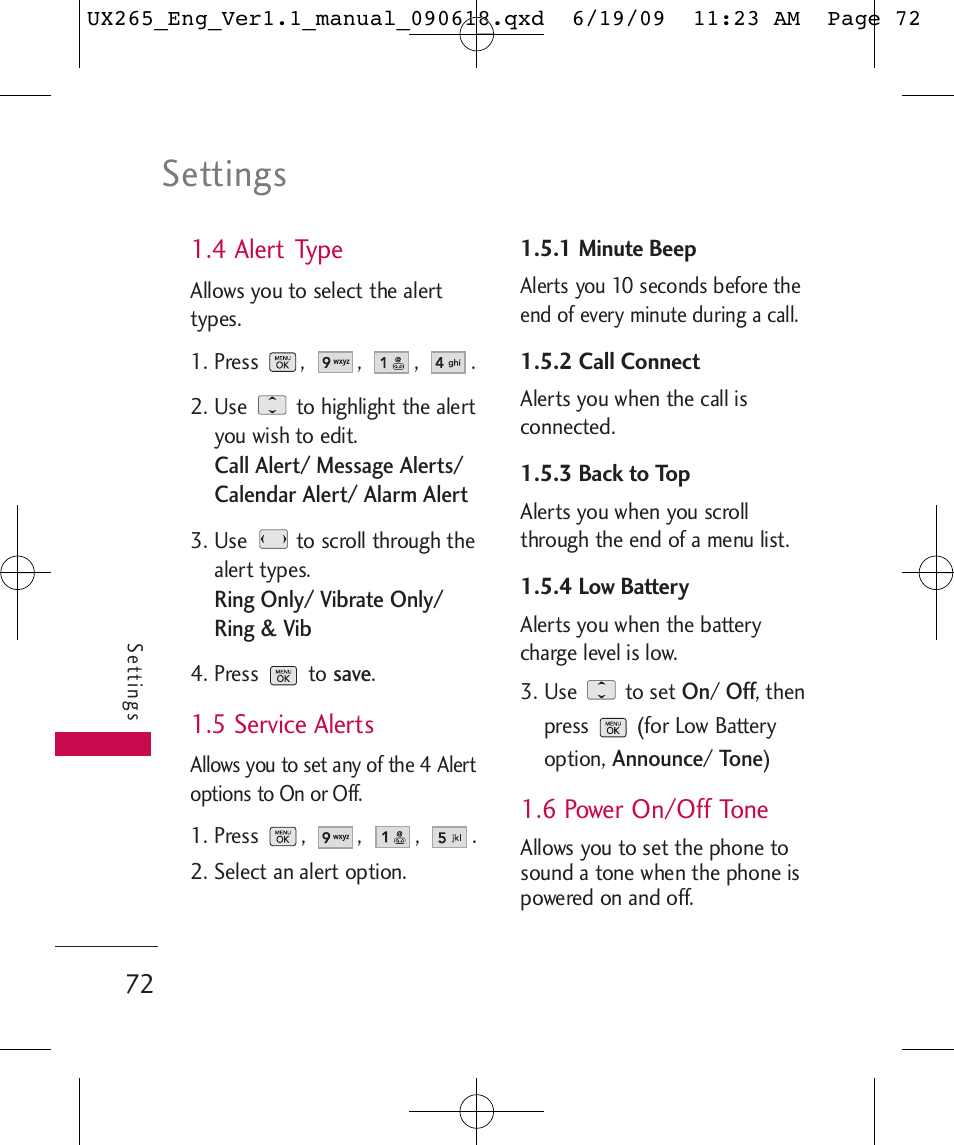 Settings, 4 alert type, 5 service alerts | 6 power on/off tone | LG LGUX265 User Manual | Page 72 / 124