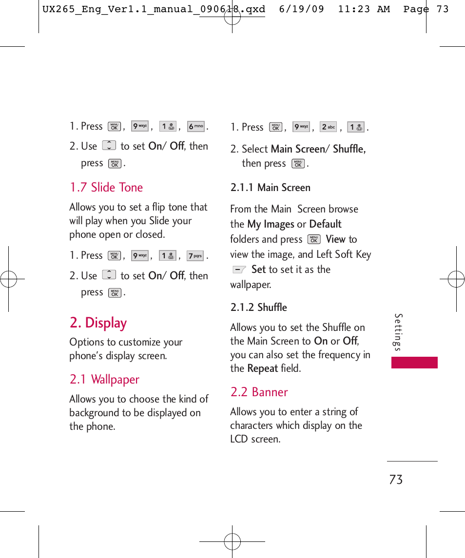 Display, 7 slide tone, 1 wallpaper | 2 banner | LG LGUX265 User Manual | Page 73 / 124