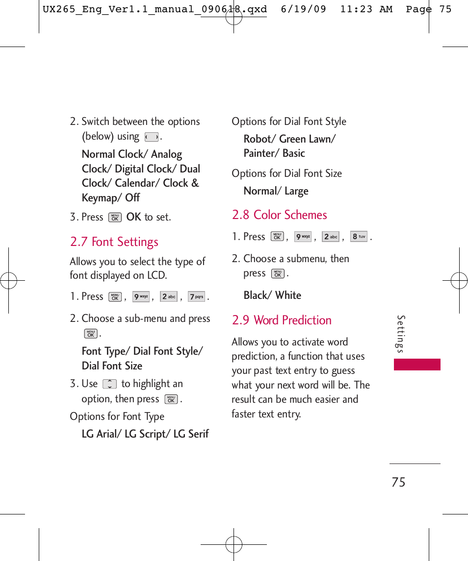 7 font settings, 8 color schemes, 9 word prediction | LG LGUX265 User Manual | Page 75 / 124