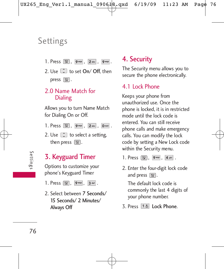 Settings, Keyguard timer, Security | 0 name match for dialing, 1 lock phone | LG LGUX265 User Manual | Page 76 / 124