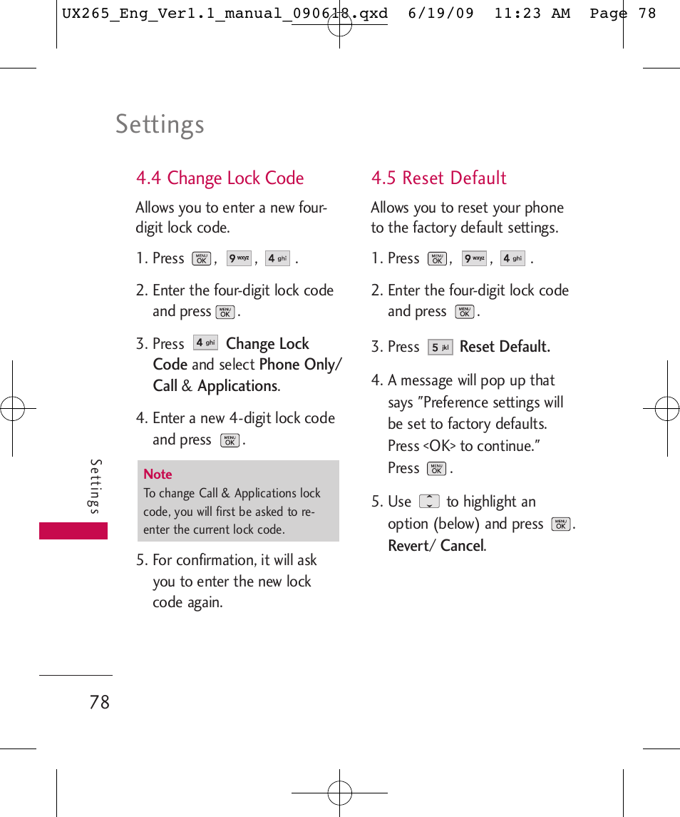 Settings, 4 change lock code, 5 reset default | LG LGUX265 User Manual | Page 78 / 124