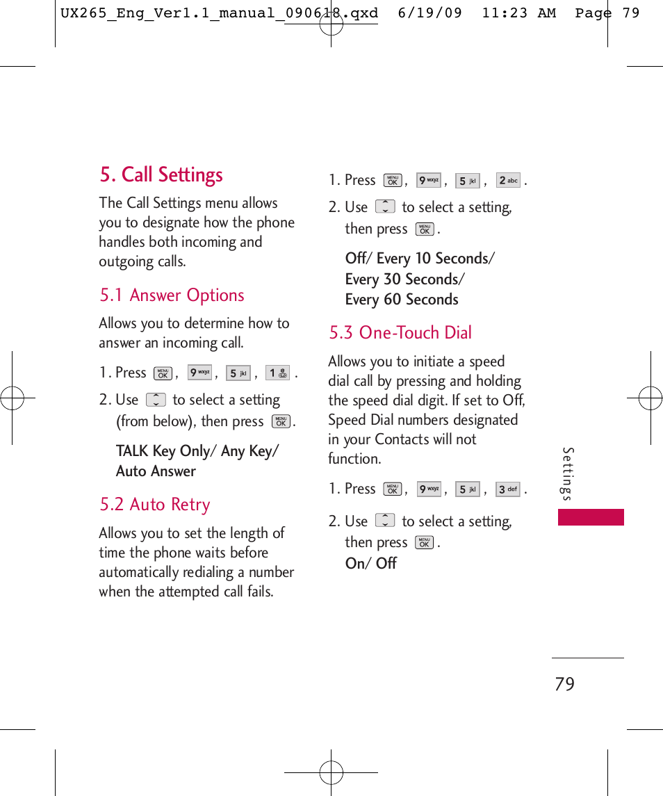 Call settings, 1 answer options, 2 auto retry | 3 one-touch dial | LG LGUX265 User Manual | Page 79 / 124