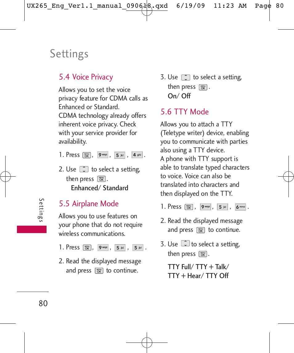 Settings, 4 voice privacy, 5 airplane mode | 6 tty mode | LG LGUX265 User Manual | Page 80 / 124