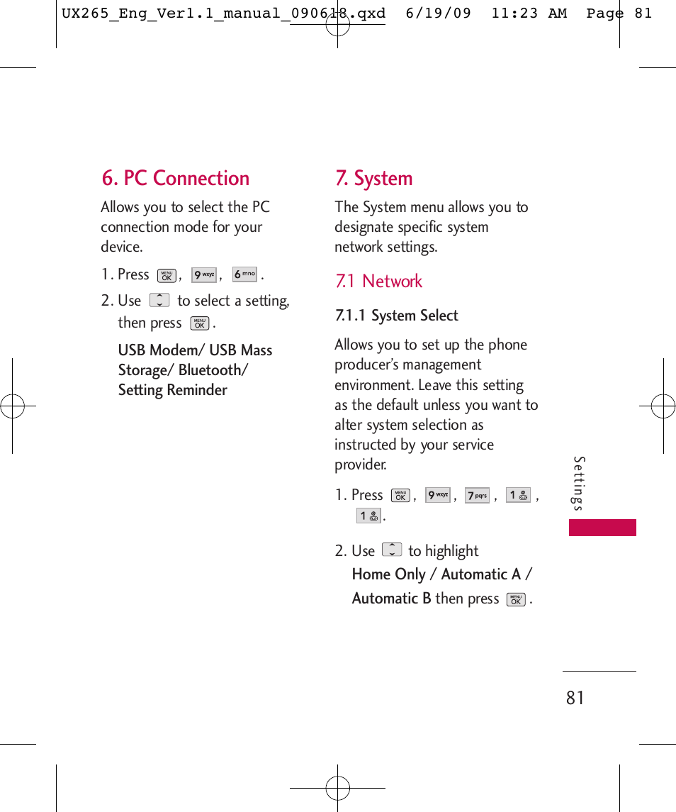 Pc connection, System, 1 network | LG LGUX265 User Manual | Page 81 / 124