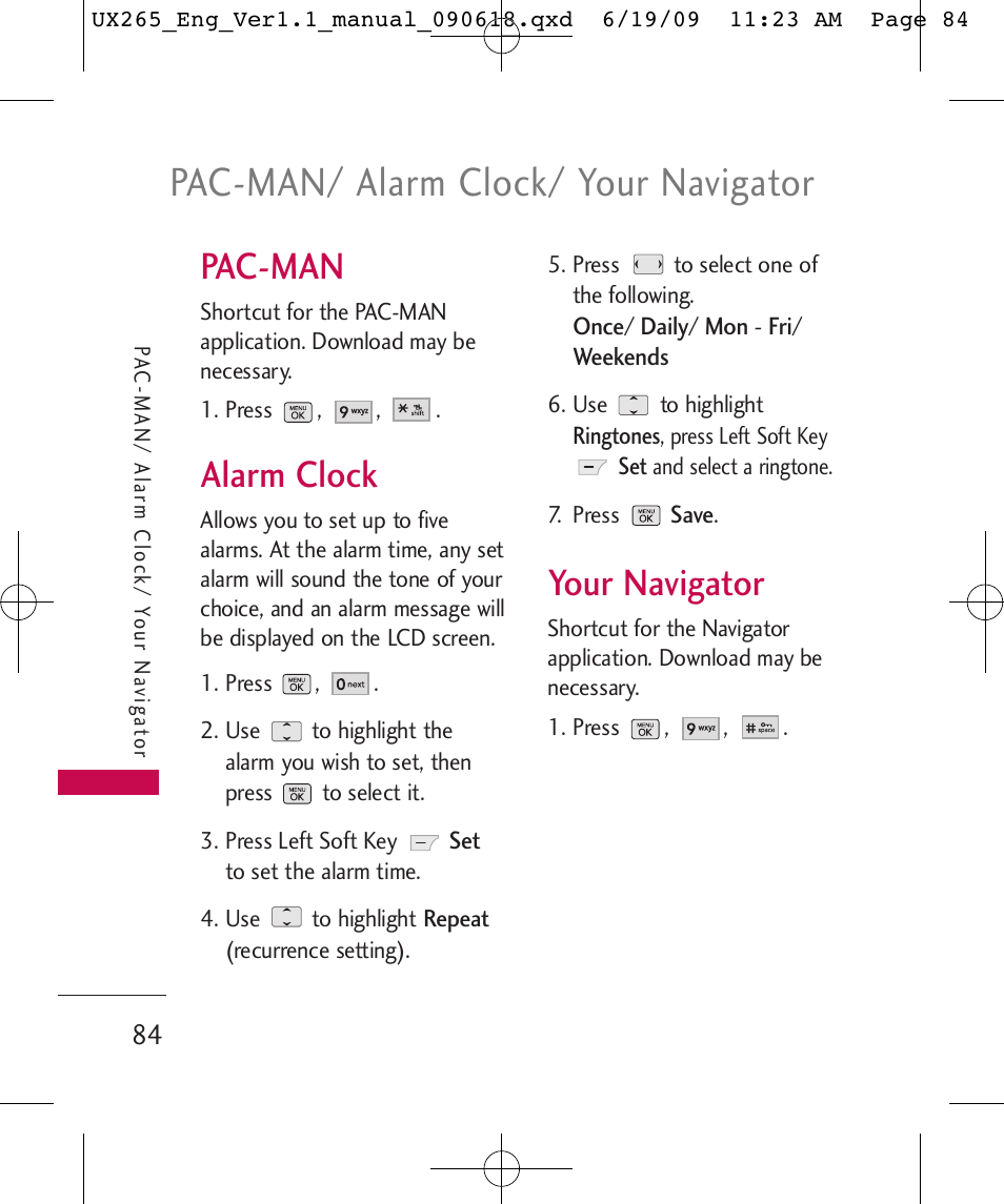 Pac-man/ alarm clock/ your navigator, Pac-man, Alarm clock | Your navigator | LG LGUX265 User Manual | Page 84 / 124