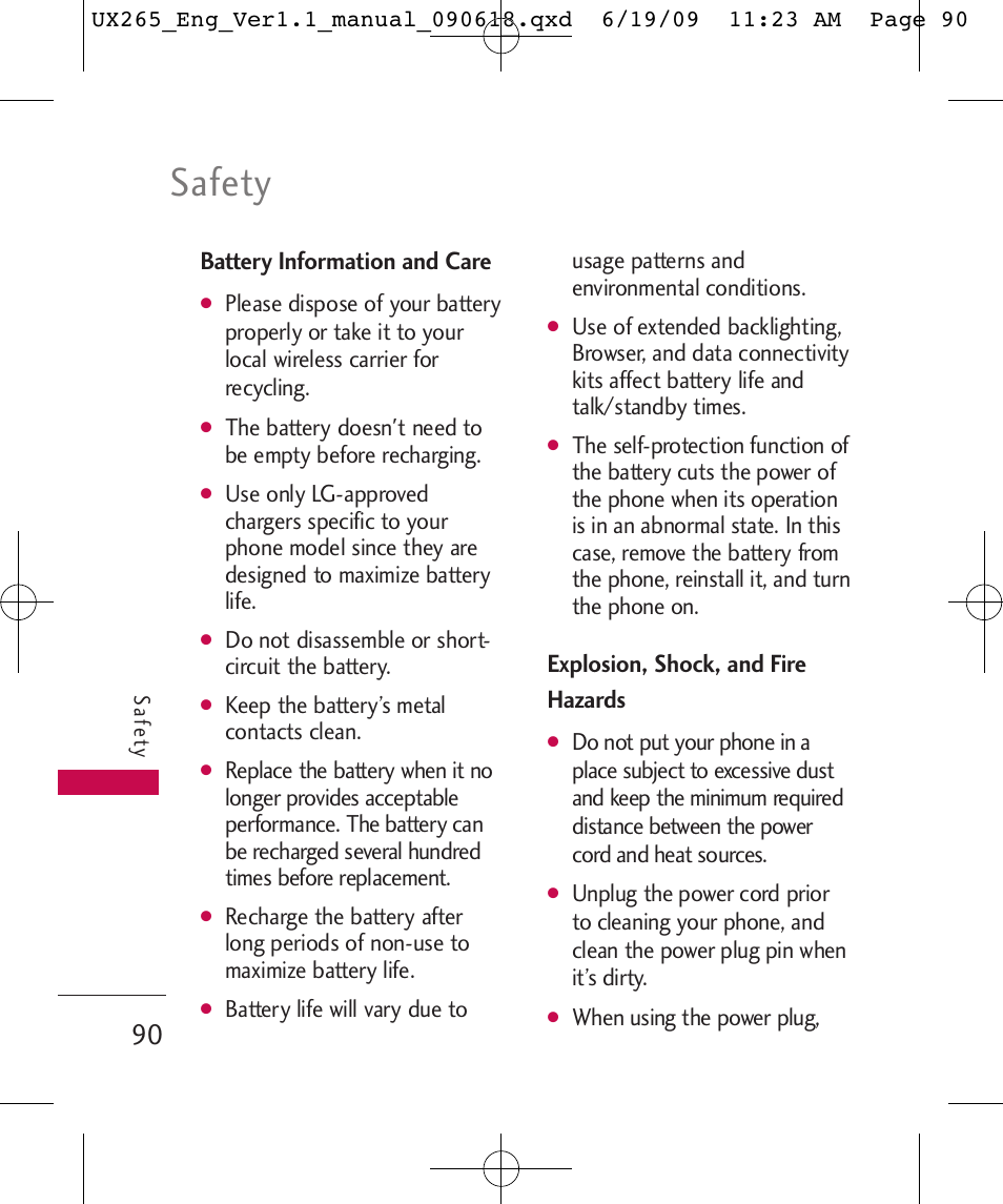 Safety, Battery information and care, Explosion, shock, and fire hazards | LG LGUX265 User Manual | Page 90 / 124