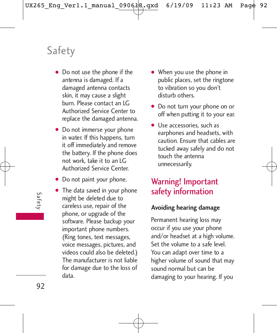 Safety, Warning! important safety information | LG LGUX265 User Manual | Page 92 / 124