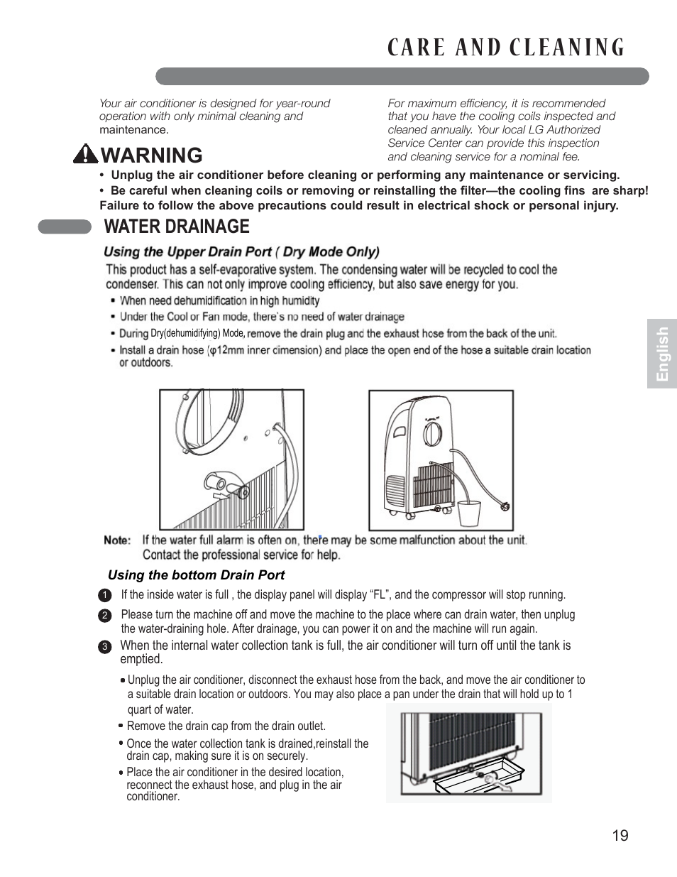 Warning, Water drainage a, English | LG LP0910WNR User Manual | Page 19 / 48