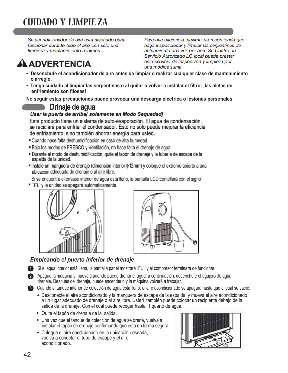 Cuidado y limpie za, Advertencia, Drinaje de agua | LG LP0910WNR User Manual | Page 42 / 48