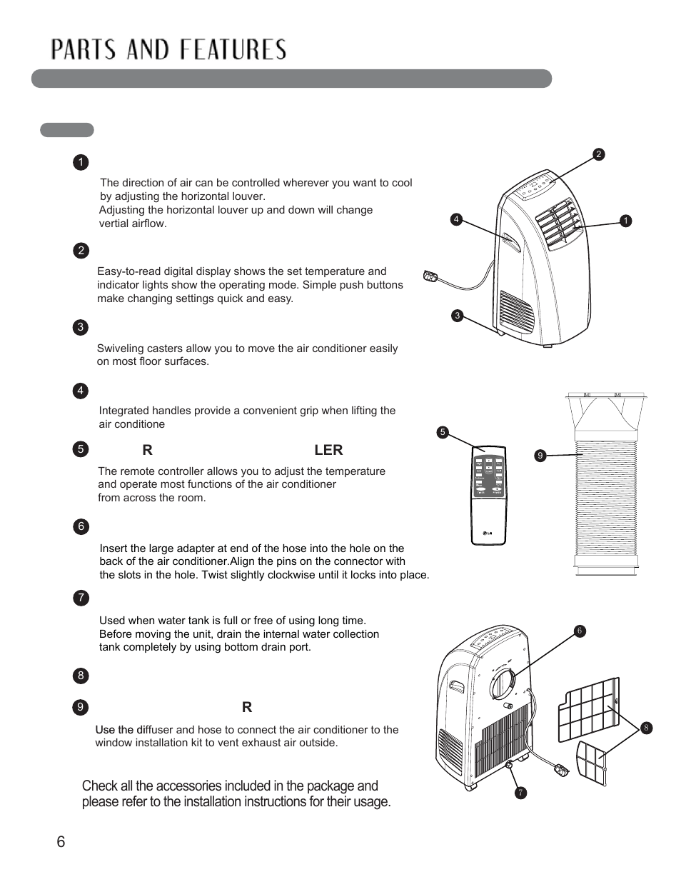 Key parts and components, Swiveling casters infra red remote controller, Integrated handles exhaust air outlet vent | Air discharge hose, And diffuse r, Control panel and display, Bottom drain port, Air filter | LG LP0910WNR User Manual | Page 6 / 48