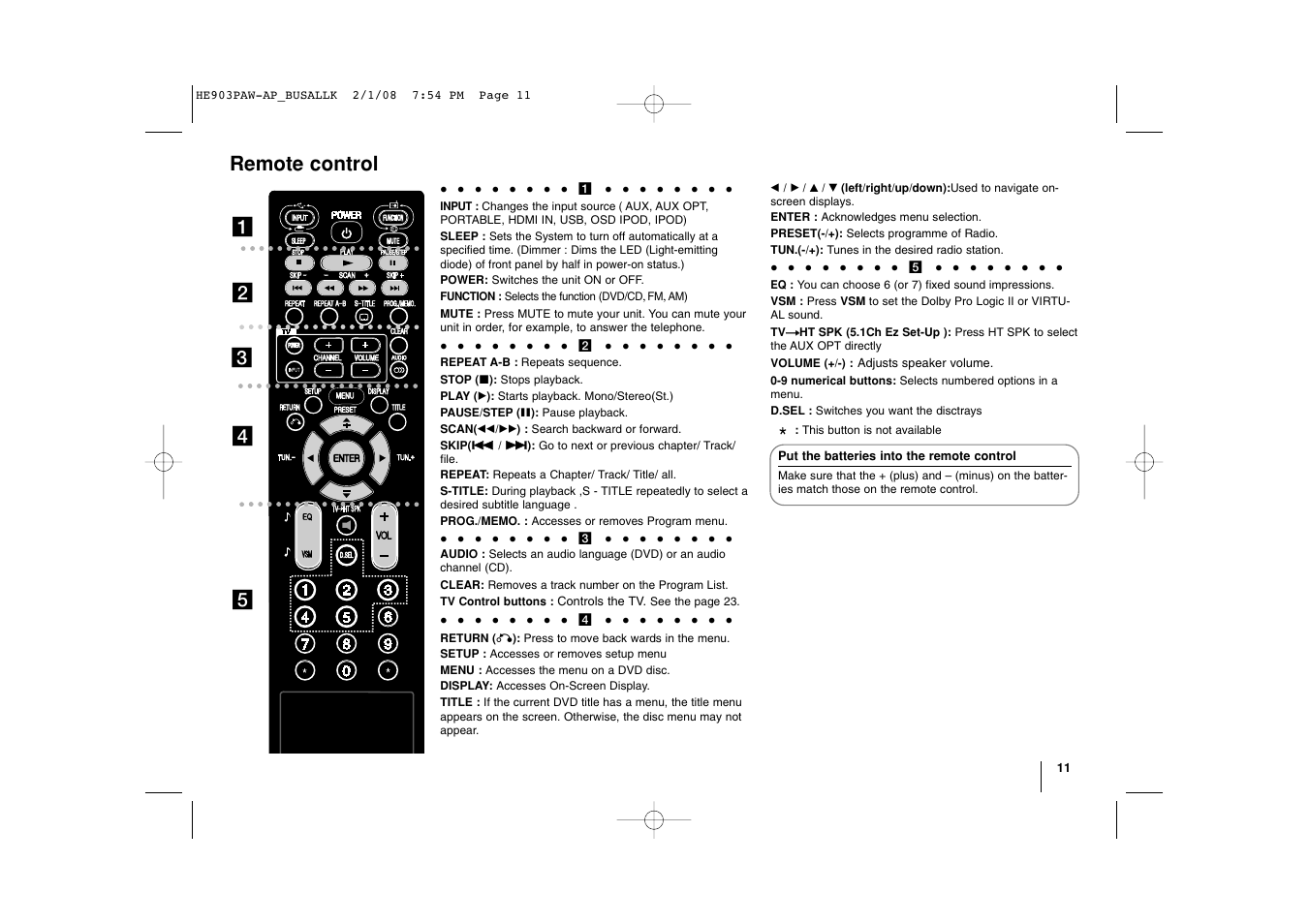 Remote control, Ab c d e | LG LHT874 User Manual | Page 11 / 28