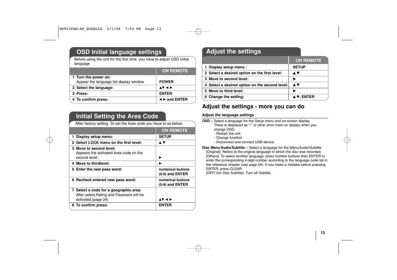 Adjust the settings, Osd initial language settings, Initial setting the area code | Adjust the settings - more you can do | LG LHT874 User Manual | Page 13 / 28