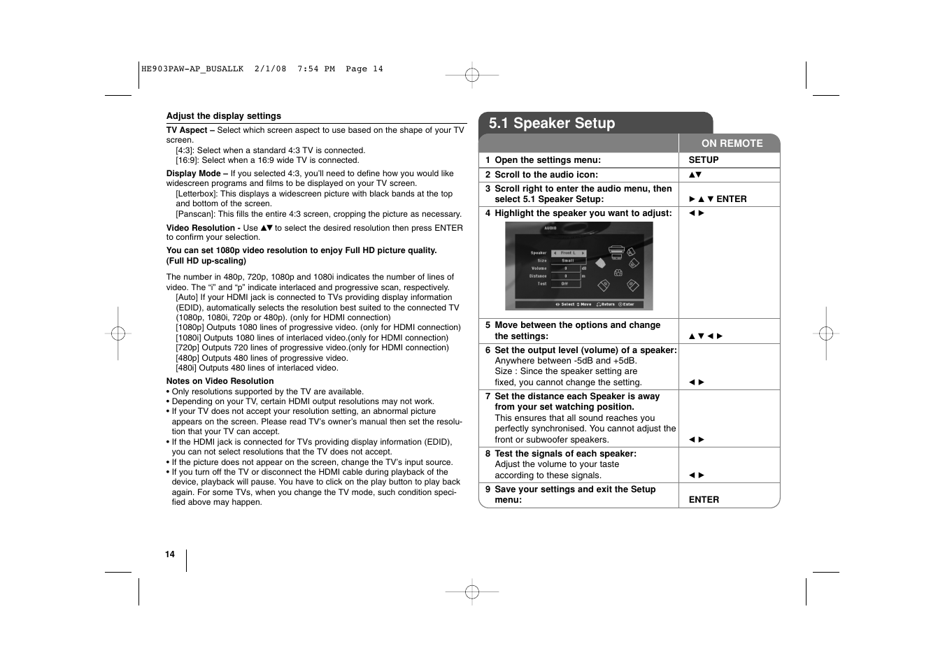 1 speaker setup | LG LHT874 User Manual | Page 14 / 28