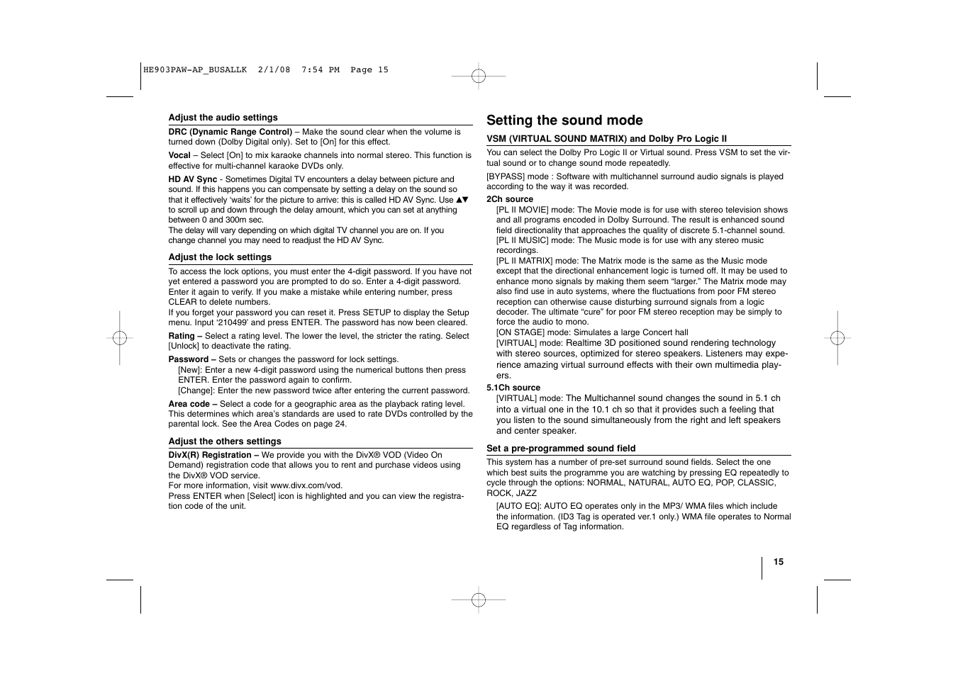 Setting the sound mode | LG LHT874 User Manual | Page 15 / 28