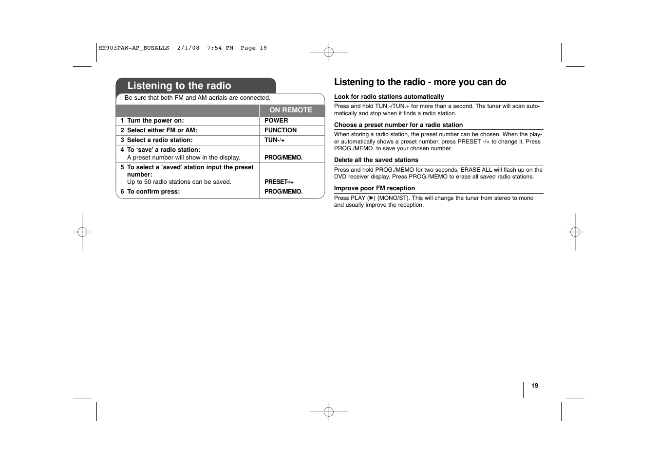 Listening to the radio, Listening to the radio - more you can do | LG LHT874 User Manual | Page 19 / 28