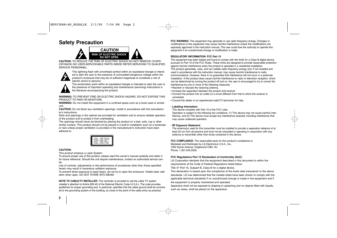 Safety precaution | LG LHT874 User Manual | Page 2 / 28