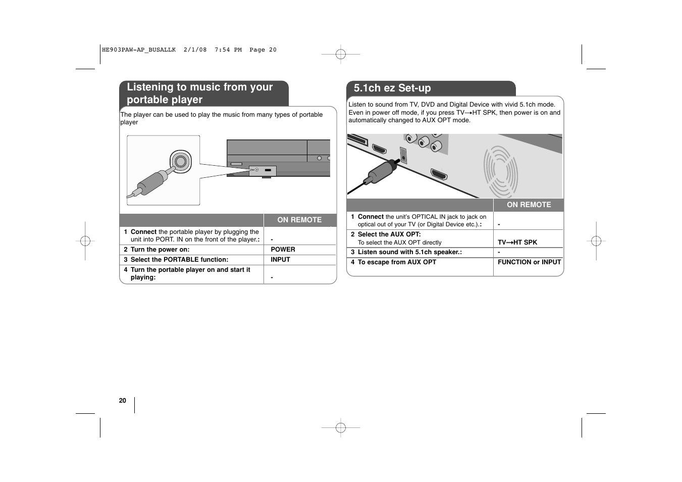 Listening to music from your portable player, 1ch ez set-up | LG LHT874 User Manual | Page 20 / 28