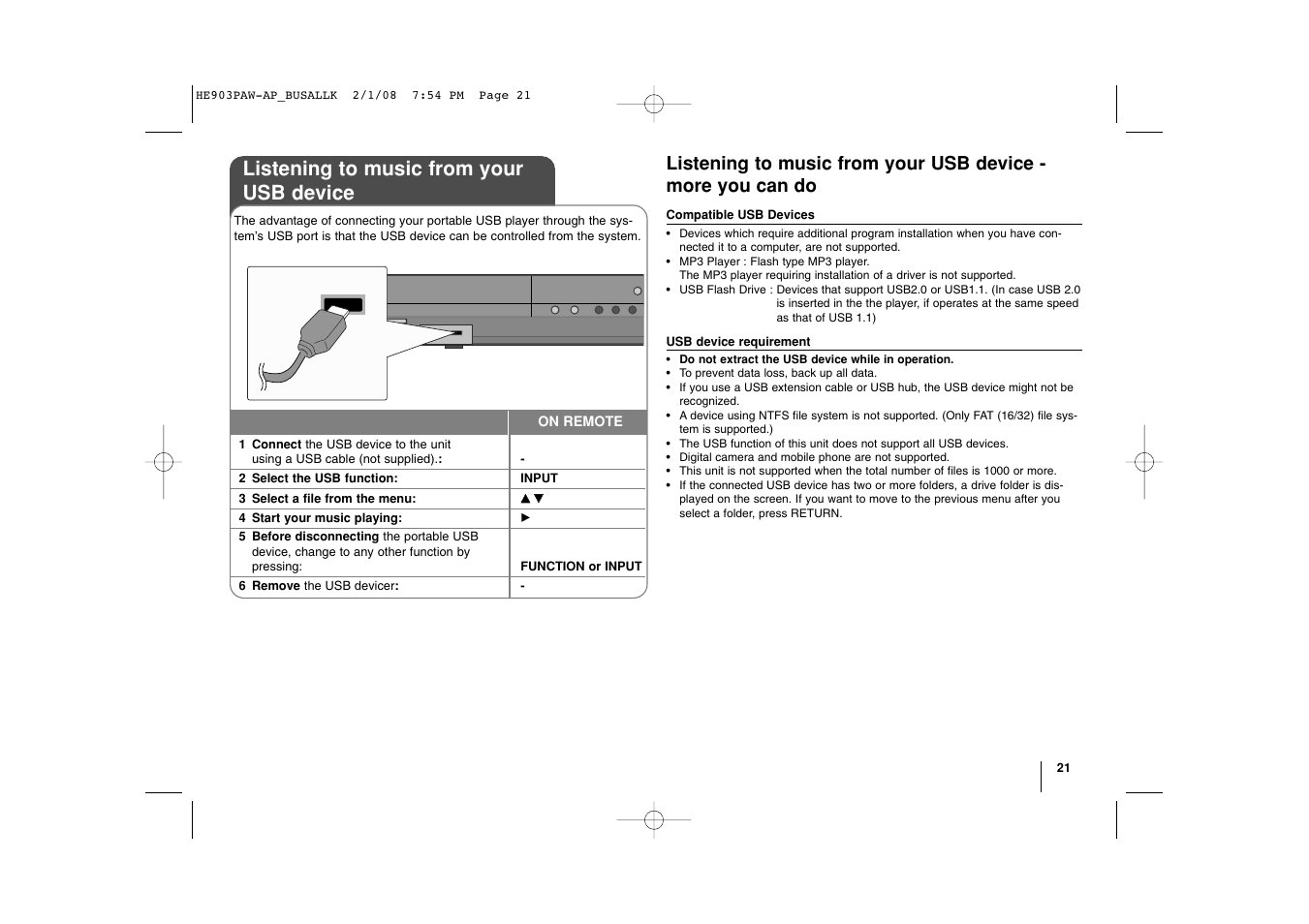 Listening to music from your usb device | LG LHT874 User Manual | Page 21 / 28