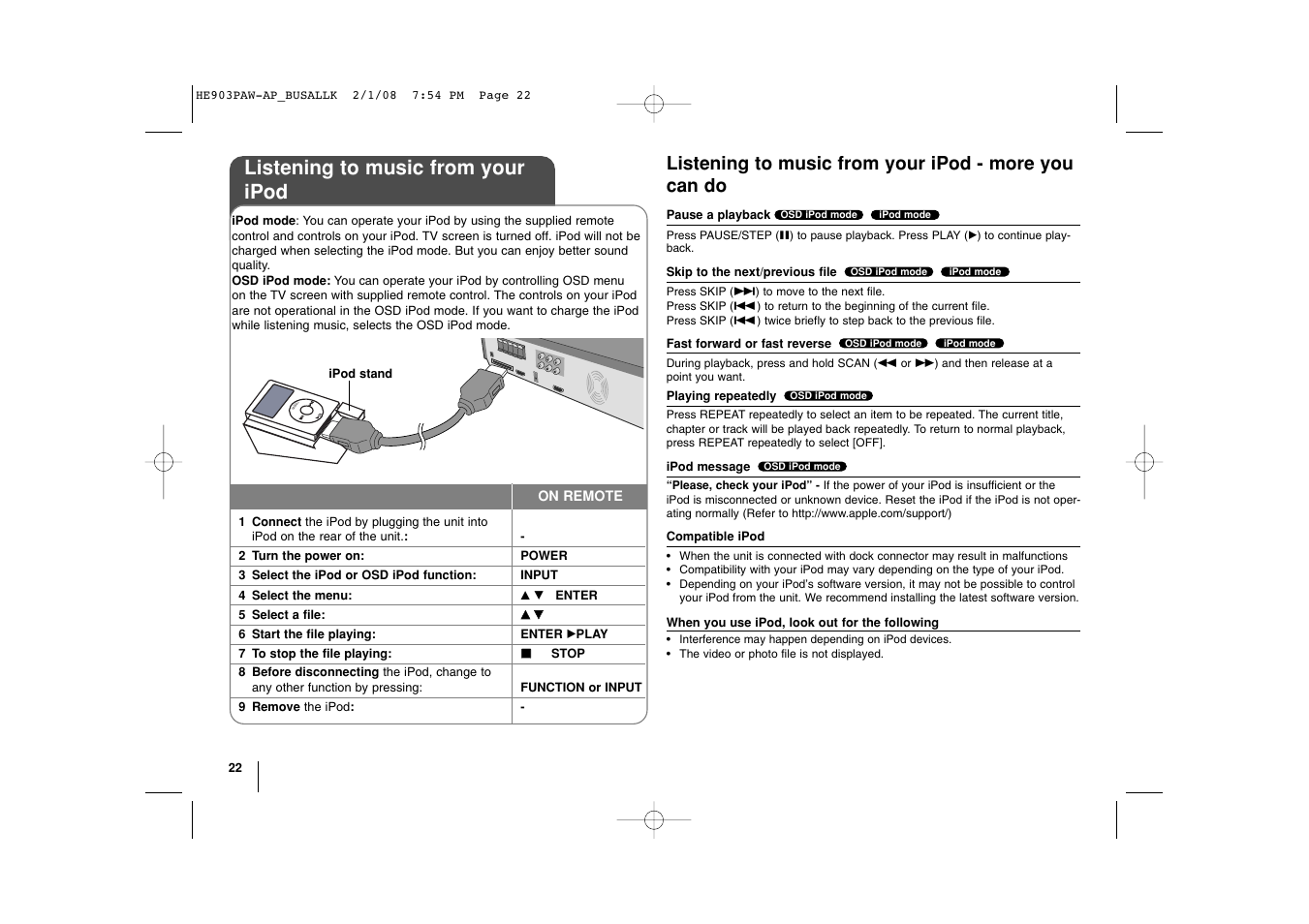 Listening to music from your ipod | LG LHT874 User Manual | Page 22 / 28