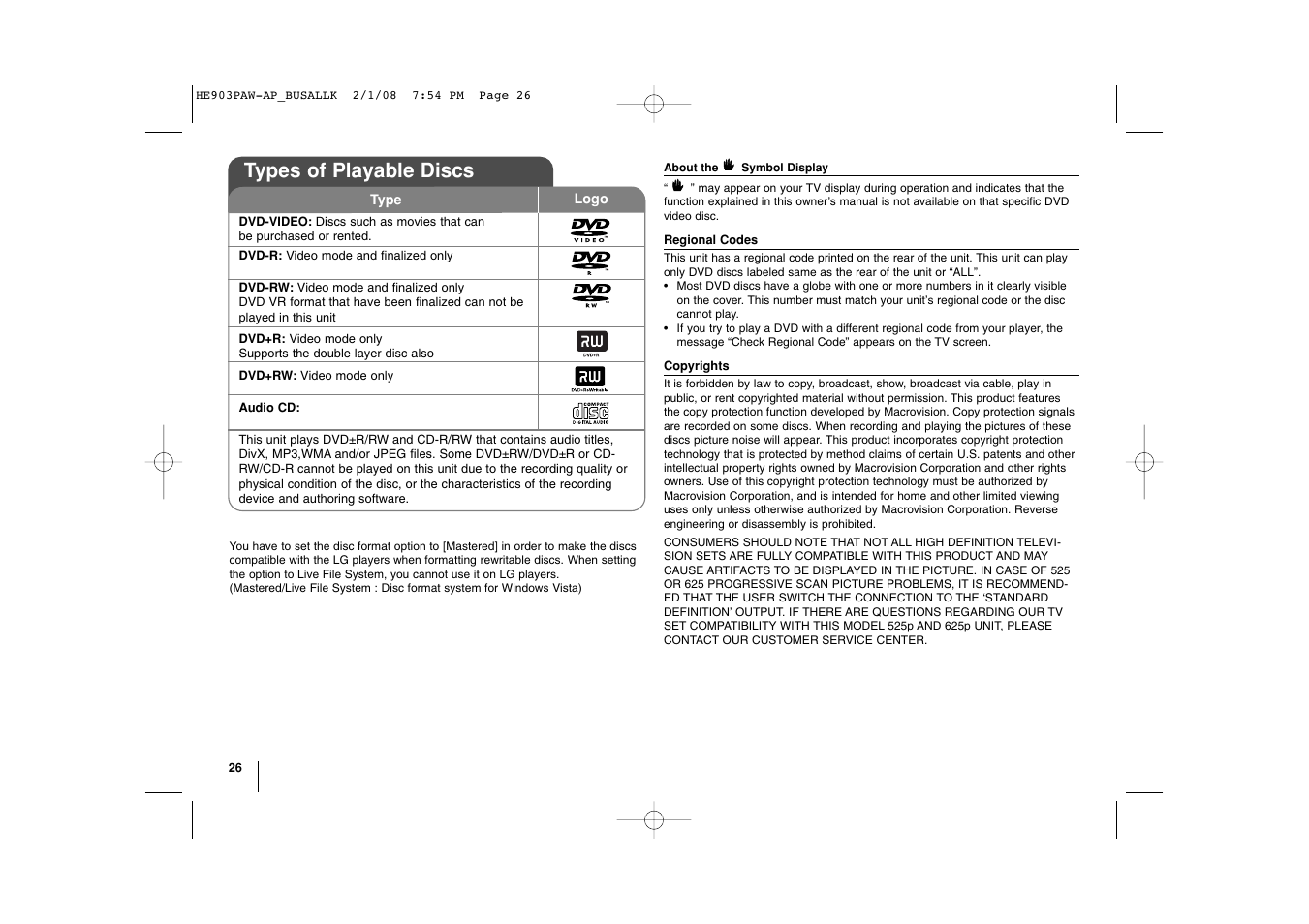 Types of playable discs | LG LHT874 User Manual | Page 26 / 28