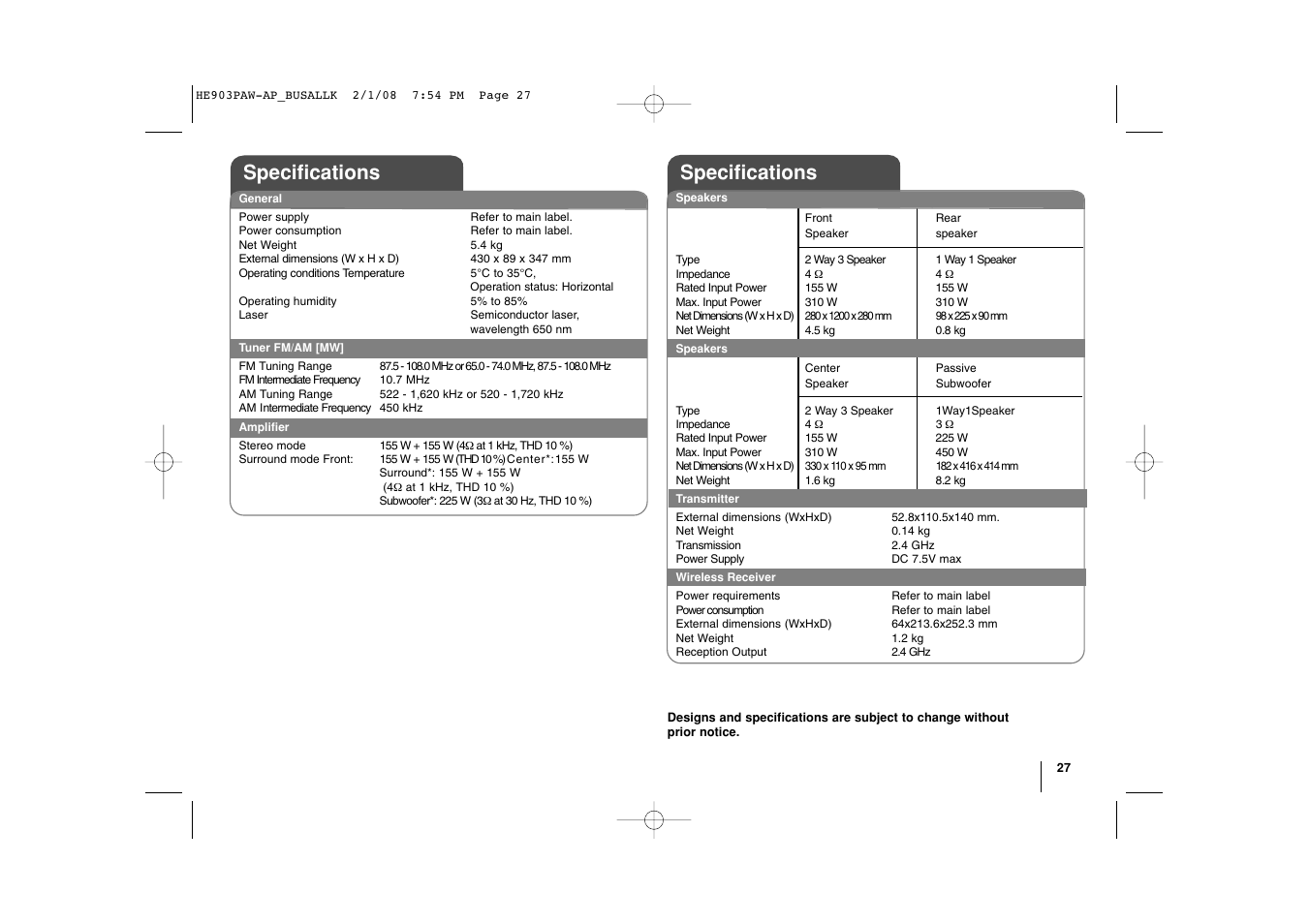 Specifications | LG LHT874 User Manual | Page 27 / 28