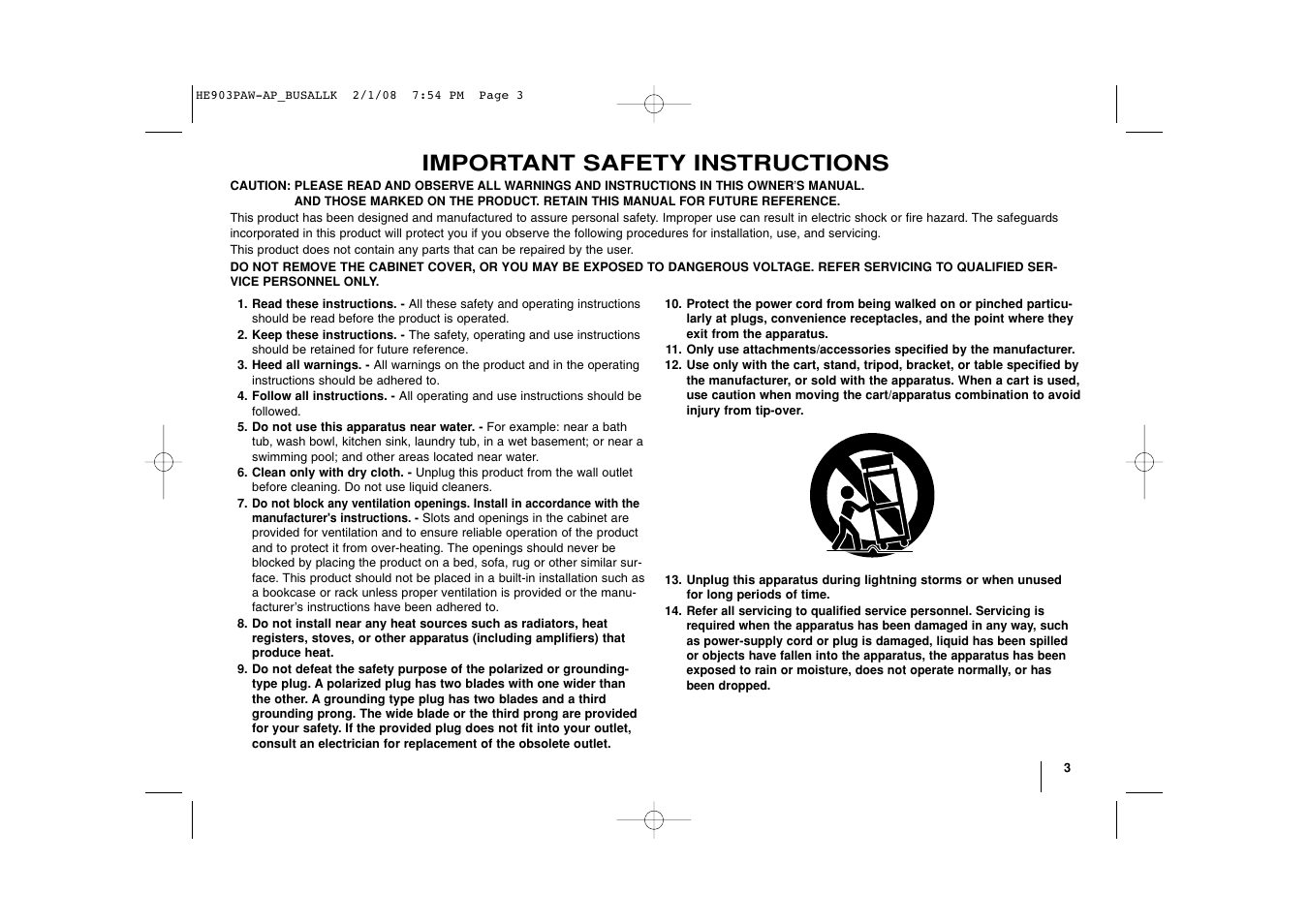 Important safety instructions | LG LHT874 User Manual | Page 3 / 28