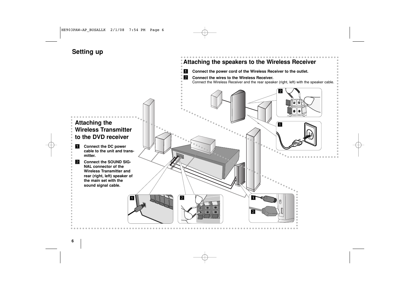 Setting up, Attaching the speakers to the wireless receiver | LG LHT874 User Manual | Page 6 / 28