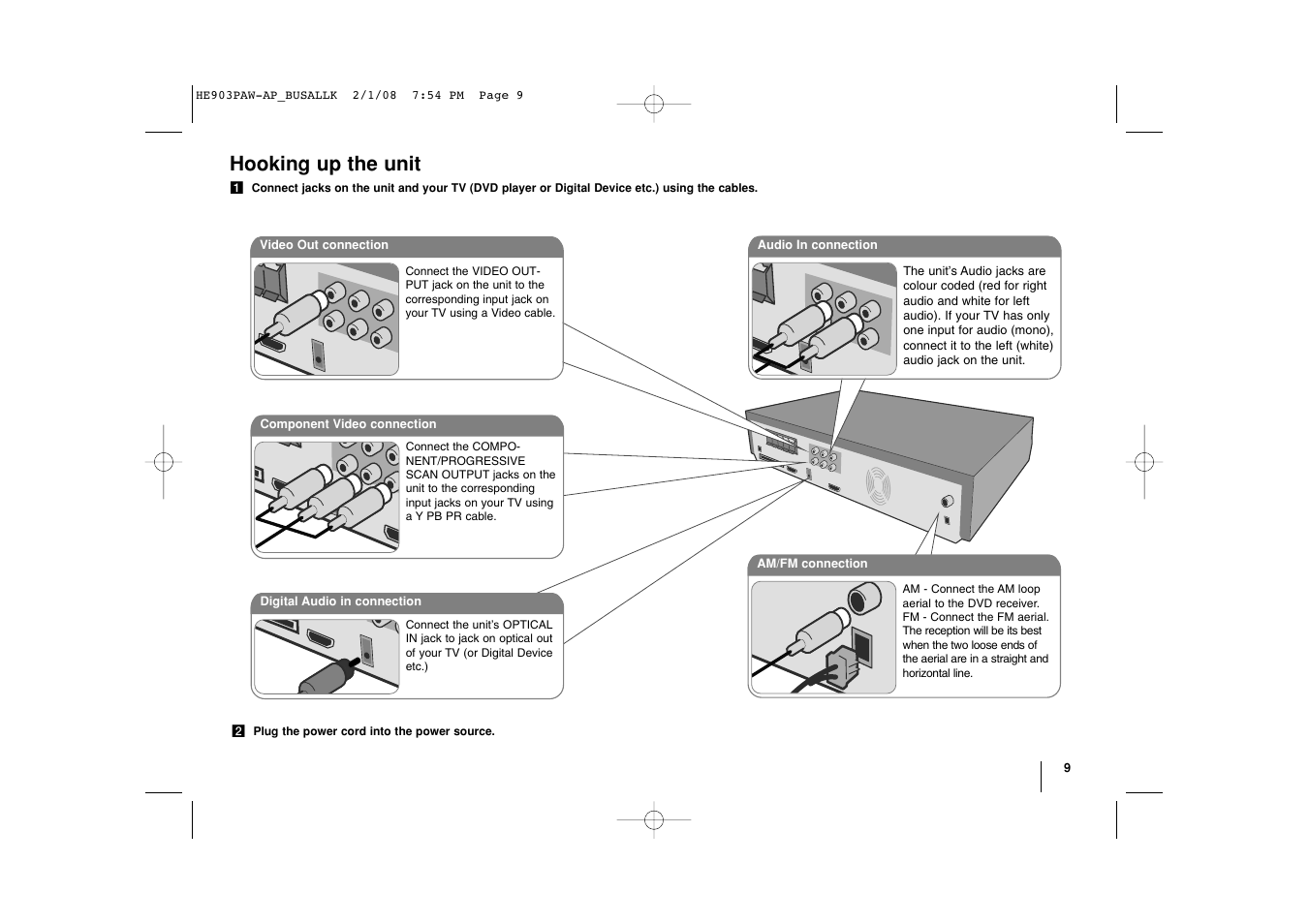 Hooking up the unit | LG LHT874 User Manual | Page 9 / 28
