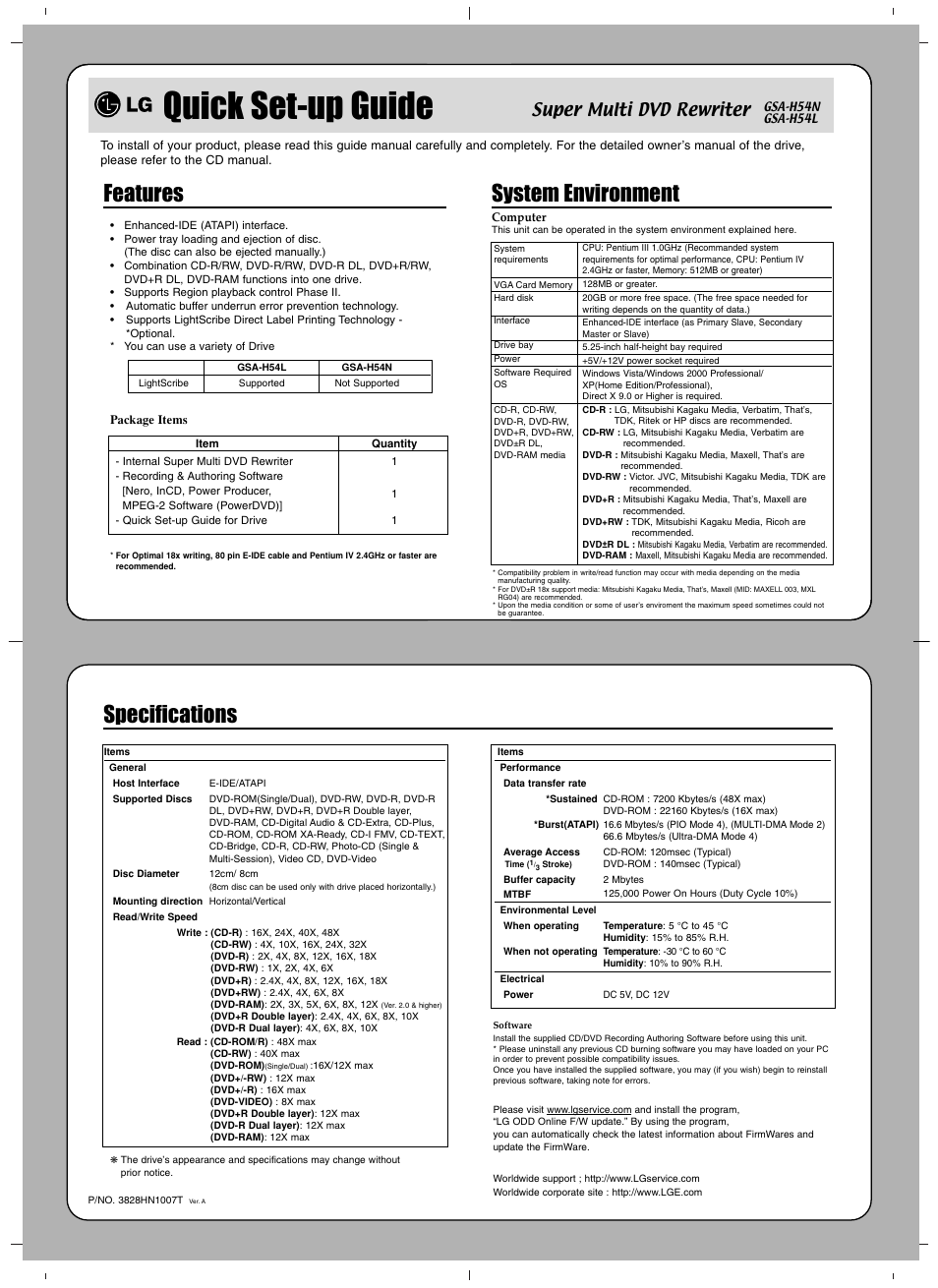 Quick set-up guide, Features, System environment | Specifications, Super multi dvd rewriter | LG GSA-H54L User Manual | Page 3 / 4