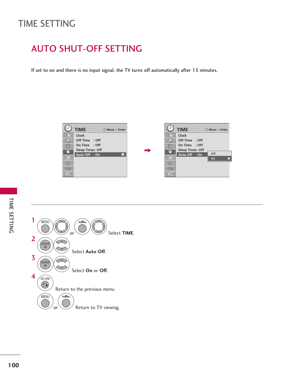 Auto shut-off setting, Time setting | LG 37LD665H User Manual | Page 100 / 207