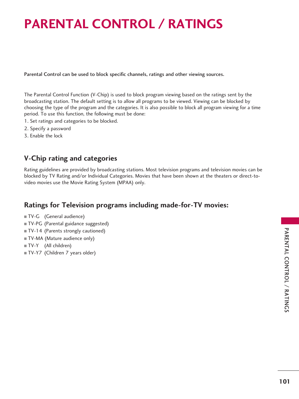 Parental control / ratings, V-chip rating and categories | LG 37LD665H User Manual | Page 101 / 207