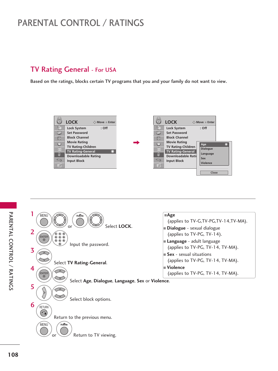 Parental control / ratings, Tv rating general, For usa | LG 37LD665H User Manual | Page 108 / 207