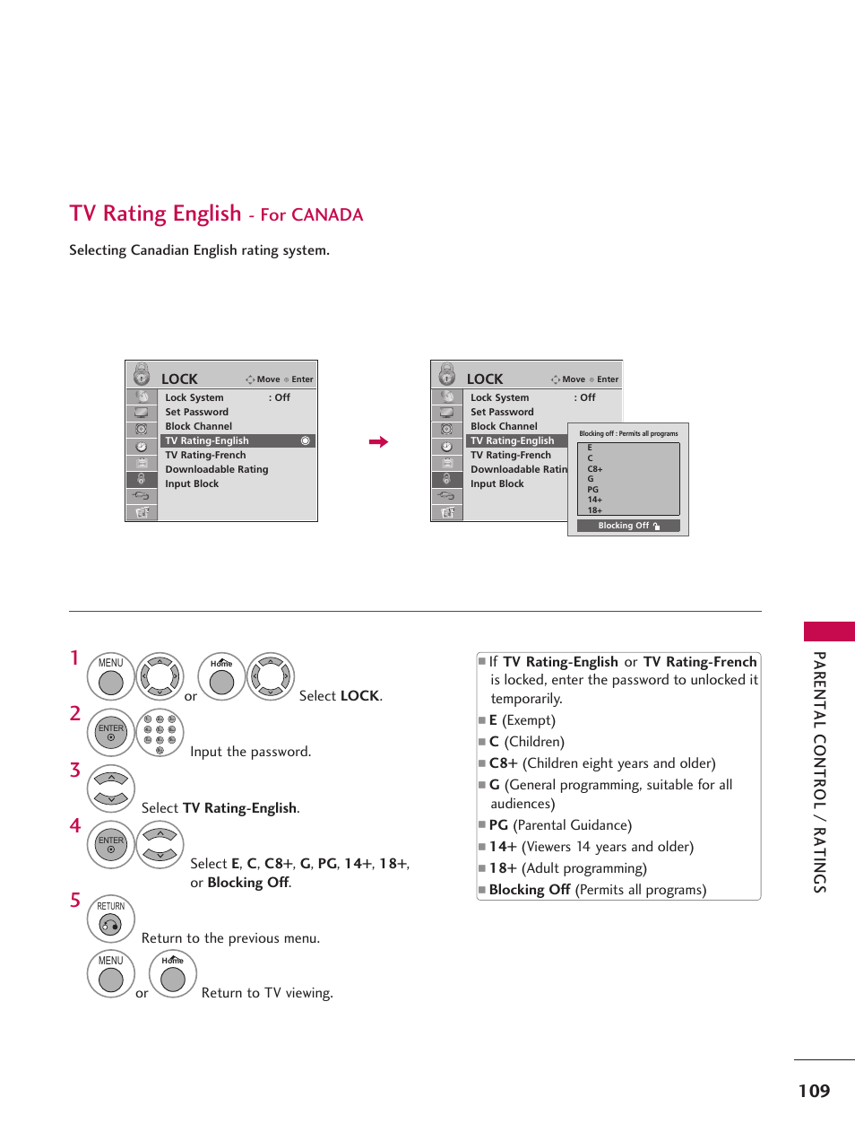 Tv rating english, For canada | LG 37LD665H User Manual | Page 109 / 207