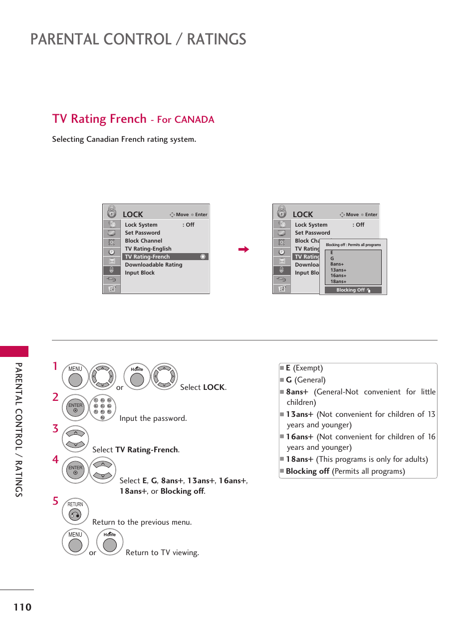 Parental control / ratings, Tv rating french, For canada | LG 37LD665H User Manual | Page 110 / 207