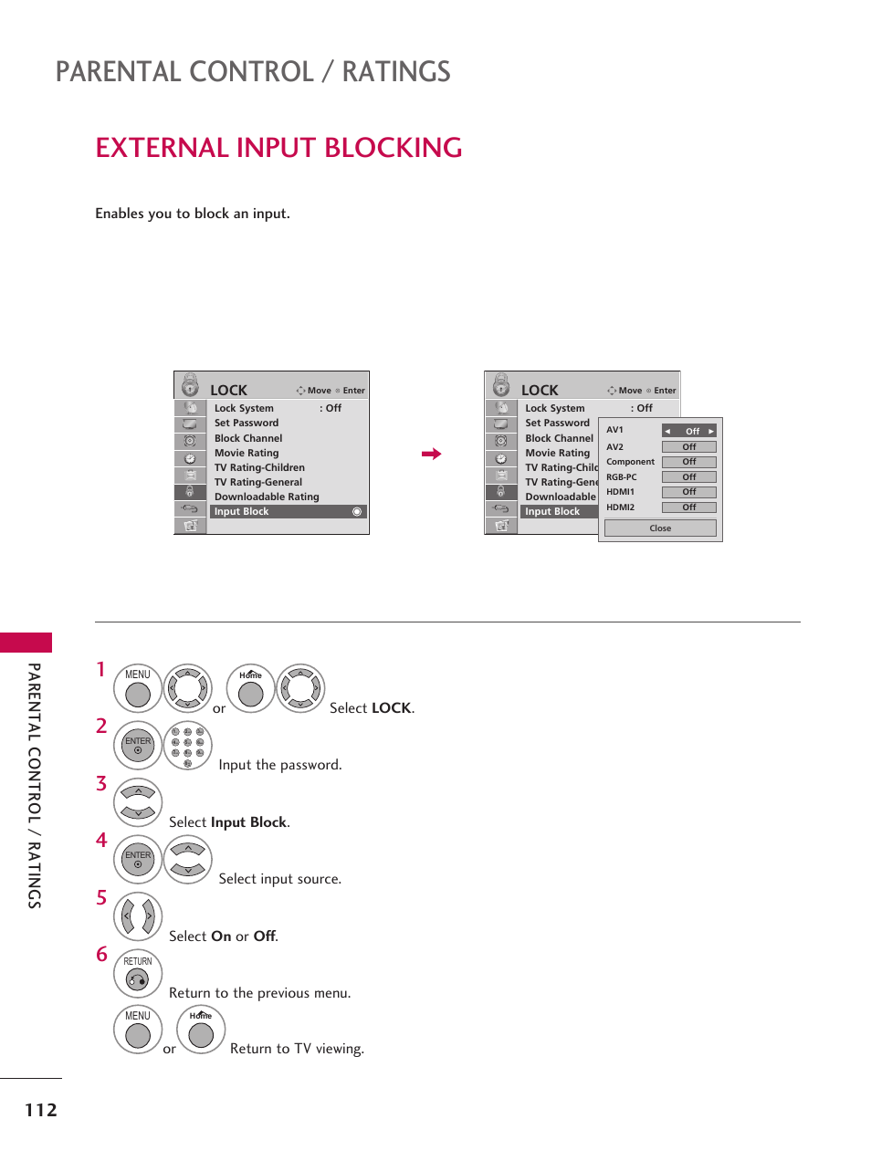 External input blocking, Parental control / ratings | LG 37LD665H User Manual | Page 112 / 207