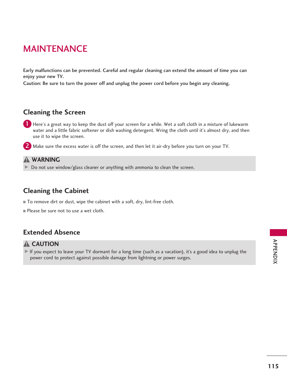 Maintenance, Cleaning the screen, Cleaning the cabinet | Extended absence | LG 37LD665H User Manual | Page 115 / 207
