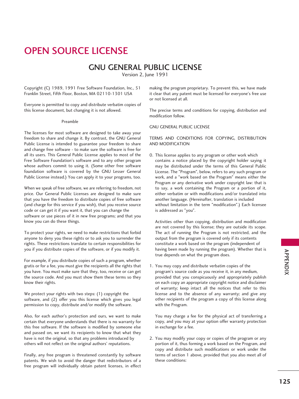 Open source license, Gnu general public license | LG 37LD665H User Manual | Page 125 / 207