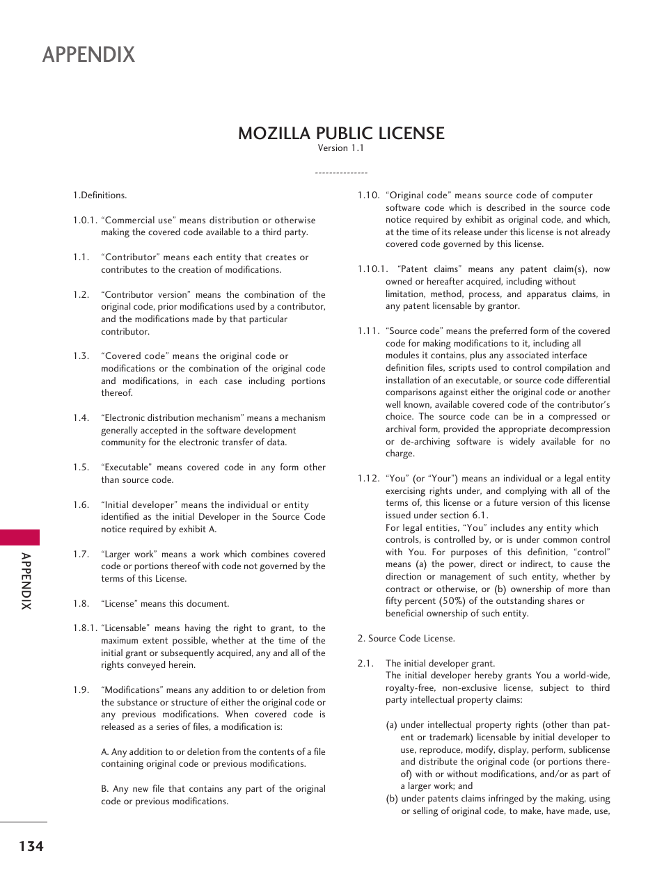 Appendix, Mozilla public license, App en d ix | LG 37LD665H User Manual | Page 134 / 207