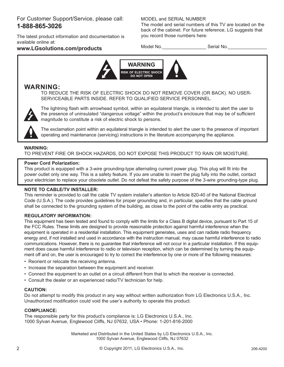 Safety warnings, Warning | LG 37LD665H User Manual | Page 141 / 207