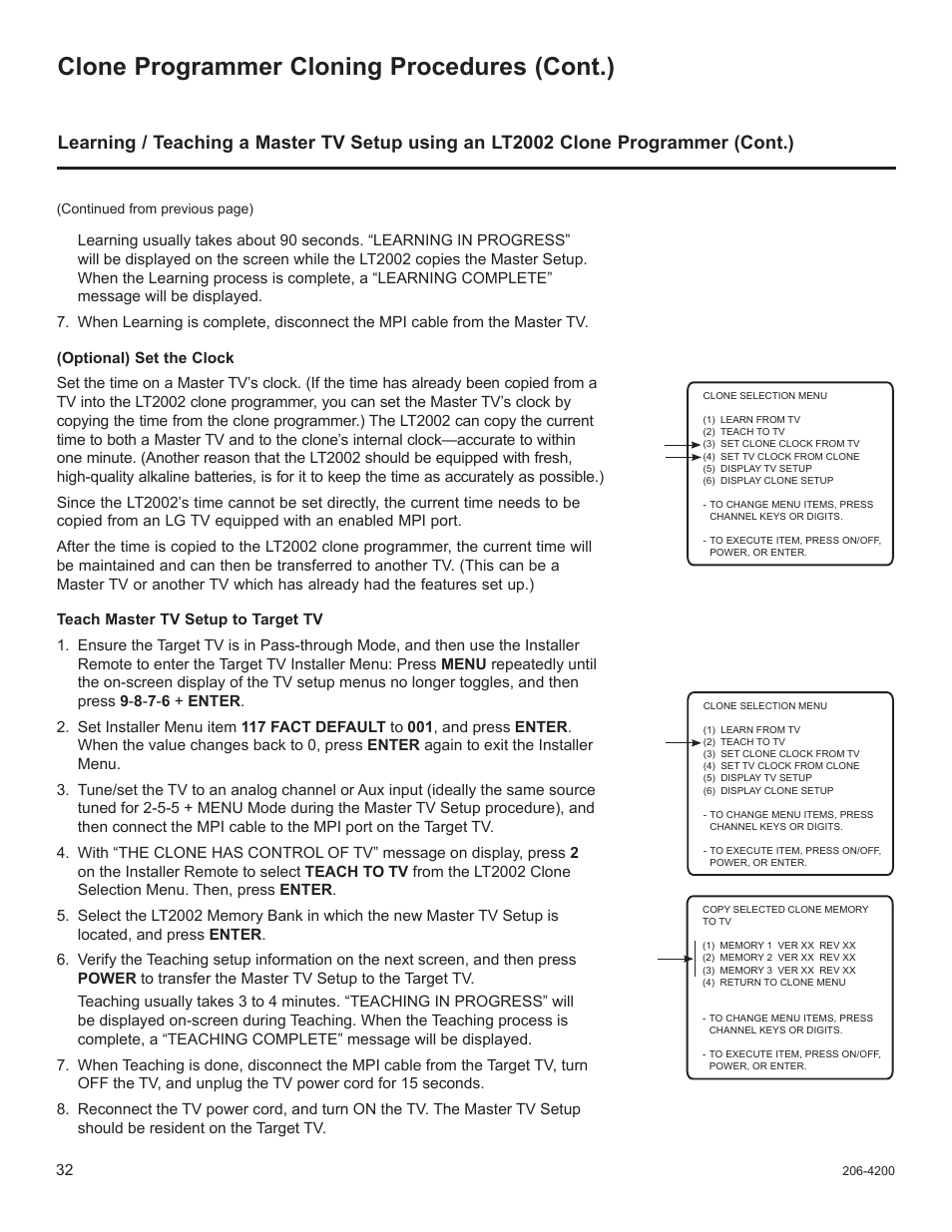 Clone programmer cloning procedures (cont.) | LG 37LD665H User Manual | Page 171 / 207