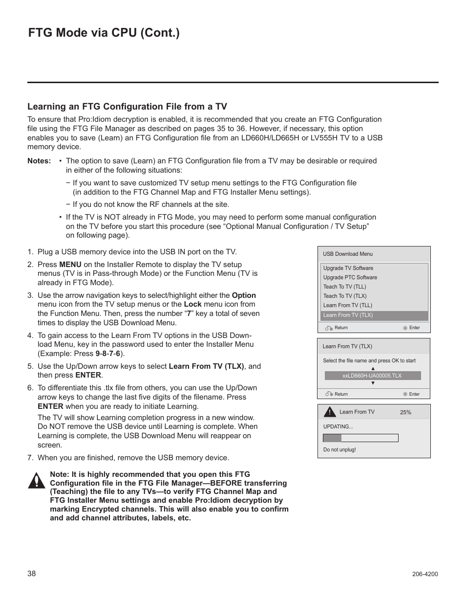 Ftg mode via cpu (cont.), Learning an ftg configuration file from a tv | LG 37LD665H User Manual | Page 177 / 207