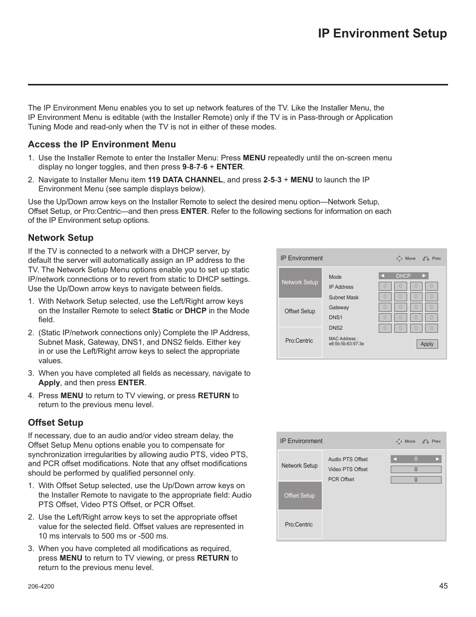 Ip environment setup, Access the ip environment menu, Network setup | Offset setup | LG 37LD665H User Manual | Page 184 / 207