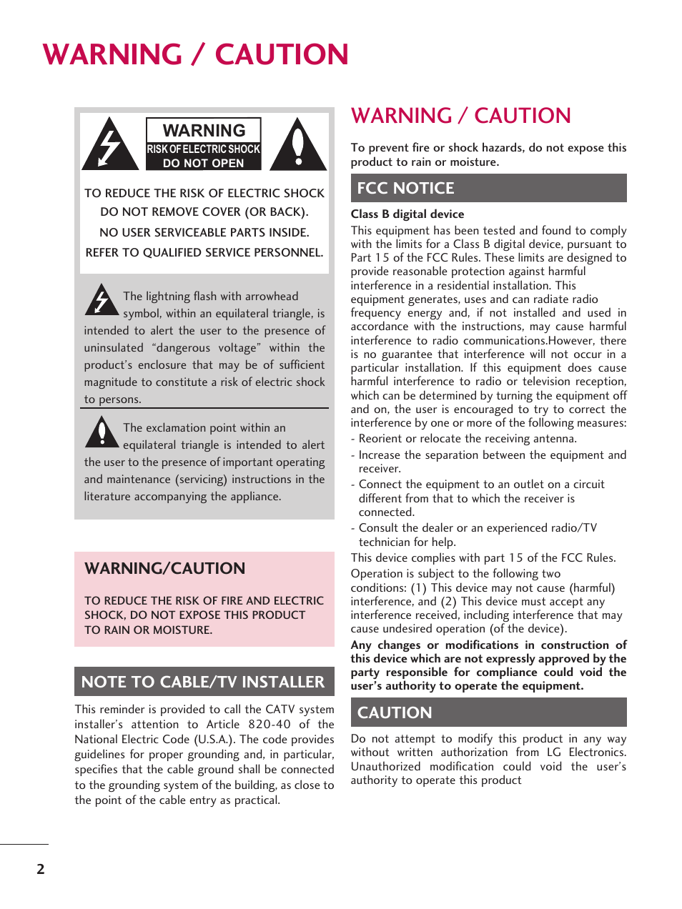 Warning / caution, Warning, Fcc notice | Caution, Warning/caution | LG 37LD665H User Manual | Page 2 / 207