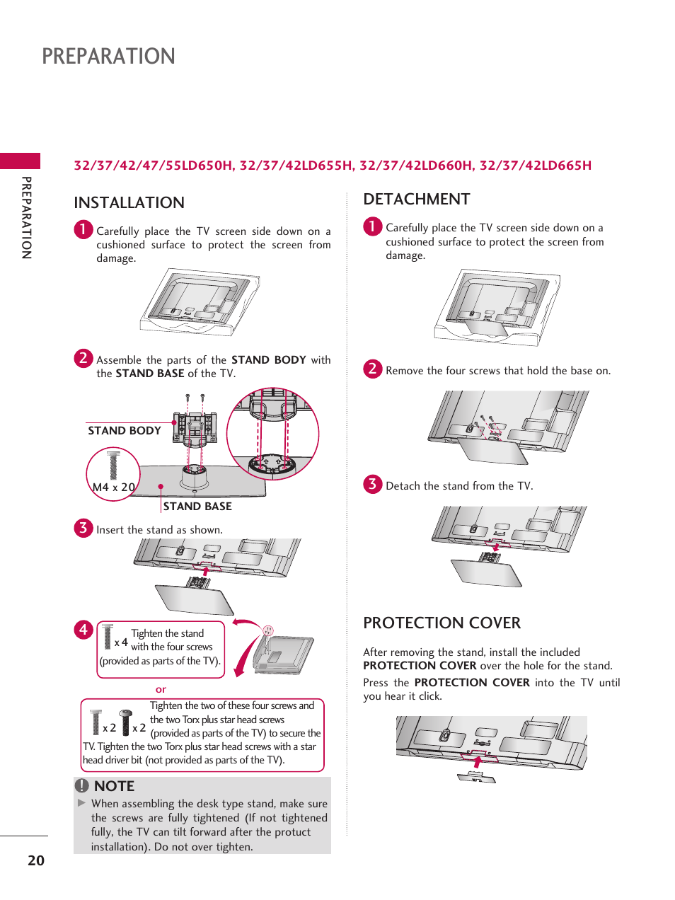 Preparation, Installation, Wyv{lj{pvugjv}ly | Detachment, Protection cover, Pr ep a ra tio n | LG 37LD665H User Manual | Page 20 / 207