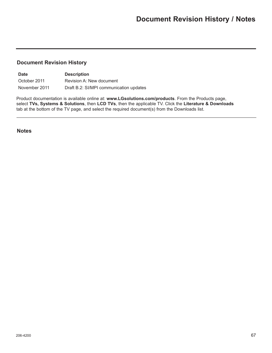 Document revision history / notes | LG 37LD665H User Manual | Page 206 / 207