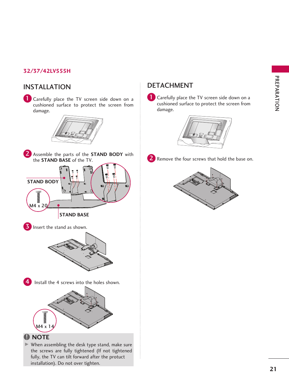 Installation, Detachment, Pr ep a ra tio n | LG 37LD665H User Manual | Page 21 / 207